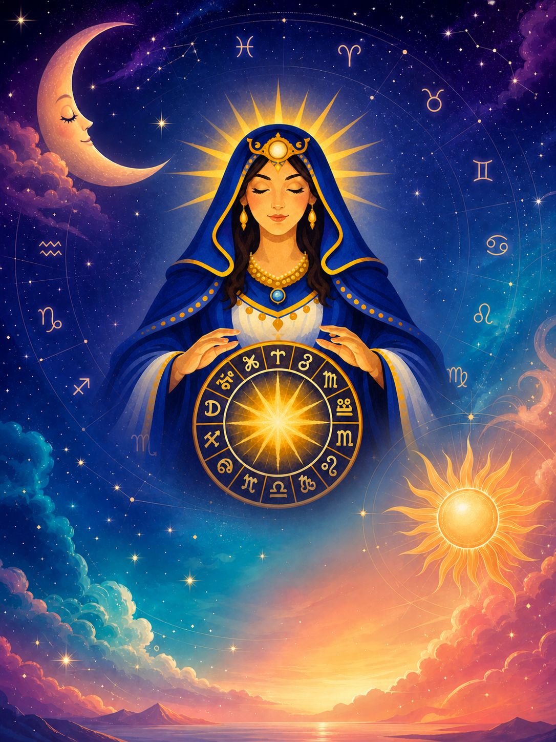 Celestial astrologer surrounded by zodiac symbols